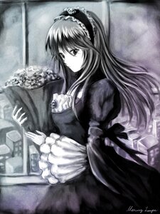 Rating: Safe Score: 0 Tags: 1girl breasts dress frills gothic_lolita greyscale hairband image lolita_fashion lolita_hairband long_hair long_sleeves monochrome signature solo suigintou traditional_media wide_sleeves User: admin