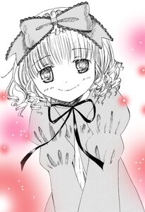 Rating: Safe Score: 0 Tags: 1girl blurry blush bow eyebrows_visible_through_hair greyscale hinaichigo image looking_at_viewer monochrome ribbon smile solo upper_body User: admin