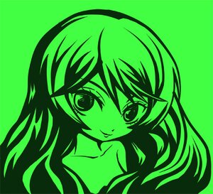 Rating: Safe Score: 0 Tags: 1girl bare_shoulders closed_mouth collarbone green_background green_theme image long_hair looking_at_viewer monochrome simple_background smile solo suiseiseki User: admin