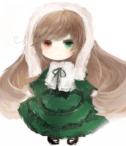 Rating: Safe Score: 0 Tags: 1girl bangs blush brown_hair dress frills full_body green_dress green_eyes heterochromia image long_hair long_sleeves looking_at_viewer ribbon simple_background smile solo standing suiseiseki very_long_hair white_background User: admin