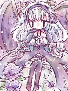 Rating: Safe Score: 0 Tags: 1girl black_legwear breasts closed_mouth dress flower frills hairband holding image long_hair long_sleeves sitting solo suigintou white_hair wings User: admin