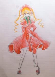 Rating: Safe Score: 0 Tags: 1girl blonde_hair bonnet bow bowtie dress flower full_body image long_hair long_sleeves red_dress rose shinku shoes simple_background solo standing traditional_media twintails User: admin