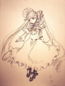 Rating: Safe Score: 0 Tags: 1girl bow dress eyebrows_visible_through_hair frills full_body high_heels image long_hair long_sleeves looking_at_viewer monochrome shinku solo standing traditional_media twintails very_long_hair User: admin