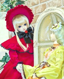 Rating: Safe Score: 0 Tags: 1girl blonde_hair blue_eyes bonnet bow bowtie doll dress flower frills long_hair long_sleeves looking_at_viewer multiple_dolls multiple_girls red_dress rose shinku sitting solo tagme User: admin