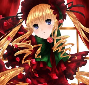 Rating: Safe Score: 0 Tags: 1girl blonde_hair blue_eyes bow curtains dress drill_hair flower green_bow image long_hair long_sleeves looking_at_viewer petals red_flower red_rose rose rose_petals shinku solo twin_drills twintails window User: admin