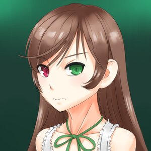 Rating: Safe Score: 0 Tags: 1girl bangs bare_shoulders brown_hair closed_mouth collarbone green_background green_eyes heterochromia image long_hair looking_at_viewer red_eyes ribbon simple_background solo suiseiseki swept_bangs User: admin