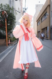 Rating: Safe Score: 0 Tags: 1girl blonde_hair blue_dress blurry bow dress full_body hair_bow hinaichigo mary_janes outdoors photo realistic red_footwear shanghai_doll shoes short_hair solo standing User: admin
