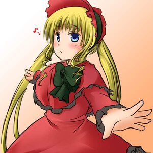 Rating: Safe Score: 0 Tags: 1girl blonde_hair blue_eyes blush bow bowtie dress eighth_note green_bow green_neckwear image long_hair long_sleeves looking_at_viewer musical_note red_dress shinku simple_background solo twintails User: admin