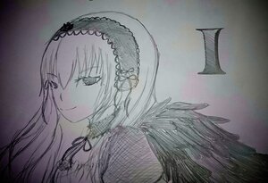 Rating: Safe Score: 0 Tags: 1girl auto_tagged bangs black_wings closed_mouth eyebrows_visible_through_hair feathered_wings frills hairband image long_hair looking_at_viewer monochrome ribbon smile solo suigintou traditional_media upper_body wings User: admin