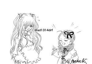 Rating: Safe Score: 0 Tags: 2girls :d ahoge closed_eyes dress greyscale hair_ornament image kanaria kirakishou long_hair monochrome multiple_girls open_mouth pair smile striped User: admin