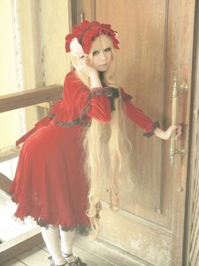 Rating: Safe Score: 0 Tags: 1girl blonde_hair bonnet dress long_hair long_sleeves red_dress shinku shoes solo very_long_hair User: admin