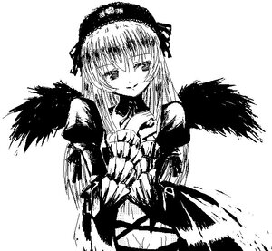 Rating: Safe Score: 0 Tags: 1girl black_wings closed_mouth dress eyebrows_visible_through_hair feathered_wings feathers greyscale hairband image long_hair long_sleeves looking_at_viewer monochrome simple_background smile solo suigintou white_background wings User: admin