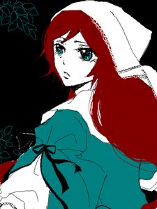 Rating: Safe Score: 0 Tags: 1girl aqua_eyes image looking_at_viewer looking_back red_hair ribbon simple_background solo suiseiseki upper_body User: admin