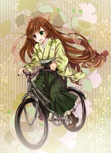 Rating: Safe Score: 0 Tags: 1girl bicycle brown_hair full_body green_eyes ground_vehicle hakama heterochromia image japanese_clothes kimono long_hair looking_at_viewer open_mouth red_eyes smile solo suiseiseki very_long_hair wide_sleeves User: admin