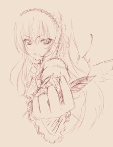 Rating: Safe Score: 0 Tags: 1girl closed_mouth dress frills hairband image long_hair long_sleeves looking_at_viewer monochrome simple_background sketch solo suigintou upper_body User: admin