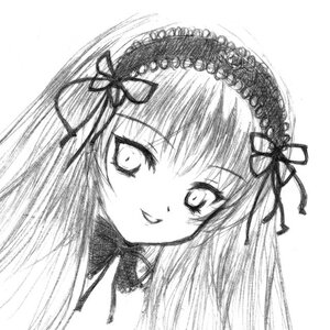 Rating: Safe Score: 0 Tags: 1girl blush greyscale hair_ribbon image long_hair looking_at_viewer monochrome portrait ribbon simple_background smile solo suigintou white_background User: admin