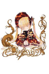 Rating: Safe Score: 0 Tags: 1girl blonde_hair bonnet bow closed_eyes dress image long_hair long_sleeves shinku simple_background solo twintails white_background User: admin