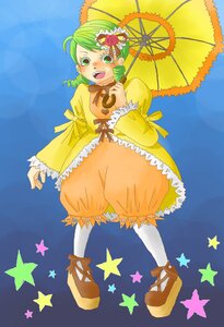 Rating: Safe Score: 0 Tags: 1girl bloomers drill_hair green_eyes green_hair image kanaria long_sleeves open_mouth parasol smile solo star_(symbol) star_print starry_background umbrella User: admin