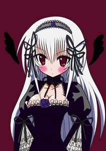 Rating: Safe Score: 0 Tags: 1girl black_wings blush breasts cleavage detached_collar dress feathers flower frills hairband image juliet_sleeves long_hair long_sleeves looking_at_viewer medium_breasts red_eyes rose silver_hair simple_background solo suigintou upper_body wings User: admin