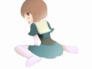 Rating: Safe Score: 0 Tags: 1girl blush brown_hair capelet full_body image looking_back no_shoes red_eyes short_hair simple_background sitting solo souseiseki striped wariza User: admin