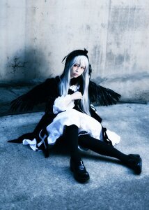 Rating: Safe Score: 0 Tags: 1girl black_legwear dress full_body long_hair long_sleeves shoes sitting solo suigintou very_long_hair water wings User: admin