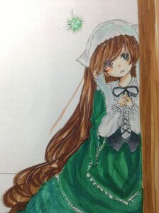 Rating: Safe Score: 0 Tags: 1girl brown_hair dress frills green_dress green_eyes hat image long_hair long_sleeves looking_at_viewer simple_background solo suiseiseki traditional_media very_long_hair User: admin