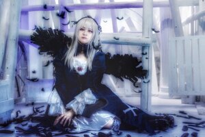 Rating: Safe Score: 0 Tags: 1girl bird black_feathers blonde_hair blurry crow dove dress feathers lips long_hair long_sleeves sitting solo suigintou User: admin