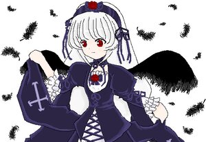 Rating: Safe Score: 0 Tags: 1girl black_wings bug butterfly detached_collar dress flower frills hairband image insect juliet_sleeves long_hair long_sleeves red_eyes rose simple_background solo squiggle suigintou white_background wings User: admin