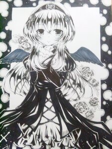 Rating: Safe Score: 0 Tags: 1girl angel_wings dress flower frills greyscale hairband image long_hair long_sleeves looking_at_viewer monochrome short_hair solo suigintou traditional_media wings User: admin