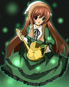 Rating: Safe Score: 0 Tags: 1girl brown_hair dress frills green_dress green_eyes hat heterochromia image long_hair long_sleeves looking_at_viewer open_mouth red_eyes solo suiseiseki twintails very_long_hair watering_can User: admin