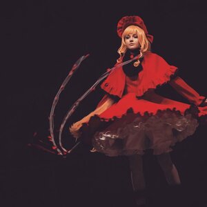 Rating: Safe Score: 0 Tags: 1girl blonde_hair bonnet capelet dress full_body long_sleeves red_dress shinku simple_background solo standing User: admin