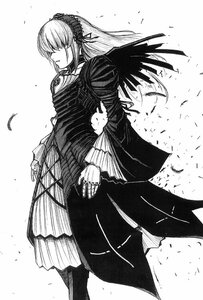 Rating: Safe Score: 0 Tags: 1girl choker dress feathers greyscale hair_over_eyes hairband image long_hair long_sleeves monochrome solo standing suigintou white_background wings User: admin