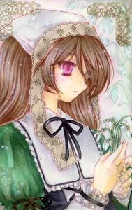 Rating: Safe Score: 0 Tags: 1girl brown_hair dress flower frills green_dress hat image lace lolita_fashion long_hair long_sleeves looking_at_viewer neck_ribbon purple_eyes ribbon solo suiseiseki upper_body User: admin