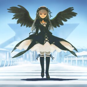 Rating: Safe Score: 0 Tags: 1girl black_wings boots dress frills full_body hairband image lolita_hairband long_hair long_sleeves looking_at_viewer ribbon sky smile solo standing suigintou thighhighs wings User: admin