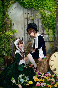 Rating: Safe Score: 0 Tags: 2girls blue_eyes brown_hair dress flower green_eyes hat hood lips looking_at_viewer multiple_cosplay multiple_girls outdoors plant short_hair sitting tagme white_legwear User: admin