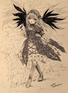 Rating: Safe Score: 0 Tags: 1girl boots dated dress frills full_body hairband image knee_boots long_hair long_sleeves looking_at_viewer monochrome signature solo standing suigintou traditional_media very_long_hair wings User: admin