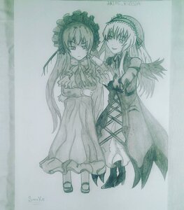 Rating: Safe Score: 0 Tags: 2girls dress flower frills hairband image long_hair long_sleeves looking_at_viewer monochrome multiple_girls pair shinku smile standing suigintou traditional_media wings User: admin