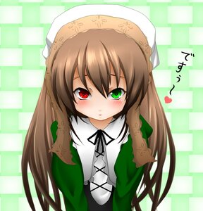 Rating: Safe Score: 0 Tags: 1girl bangs blush brown_hair commentary_request desu dress green_background green_dress green_eyes head_scarf heterochromia highres image long_hair long_sleeves looking_at_viewer maeda_kousuke red_eyes ribbon rozen_maiden solo suiseiseki twintails upper_body very_long_hair User: admin