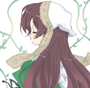 Rating: Safe Score: 0 Tags: 1girl blush brown_hair closed_eyes dress frills image leaf long_hair long_sleeves plant profile solo suiseiseki upper_body very_long_hair white_background User: admin