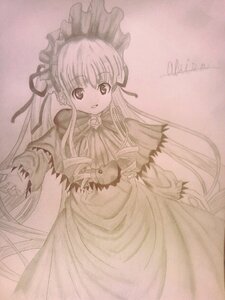 Rating: Safe Score: 0 Tags: 1girl blush capelet dress frills image long_hair long_sleeves looking_at_viewer monochrome open_mouth shinku simple_background smile solo standing traditional_media very_long_hair User: admin