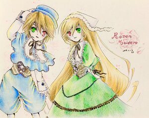 Rating: Safe Score: 0 Tags: 2girls blonde_hair blue_dress capelet dress frills green_dress green_eyes hat head_scarf heterochromia image long_hair long_sleeves looking_at_viewer m_putorius multiple_girls pair red_eyes short_hair siblings sisters smile souseiseki suiseiseki traditional_media twins very_long_hair User: admin