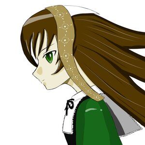 Rating: Safe Score: 0 Tags: 1girl brown_hair closed_mouth dress green_dress green_eyes hairband image long_hair portrait profile ribbon shiny_hair simple_background solo suiseiseki white_background User: admin