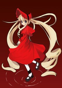 Rating: Safe Score: 0 Tags: 1girl black_footwear blonde_hair blue_eyes bow capelet dress full_body image long_hair long_sleeves looking_at_viewer looking_back mary_janes red_dress shinku shoes smile solo standing twintails very_long_hair User: admin