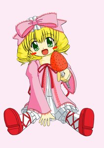 Rating: Safe Score: 0 Tags: 1girl blonde_hair bloomers bow dress food fruit full_body green_eyes hina_ichigo hinaichigo image long_sleeves open_mouth pink_background pink_bow pink_dress short_hair sitting smile solo strawberry white_bloomers User: admin