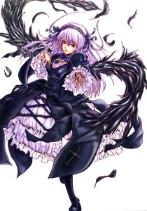 Rating: Safe Score: 0 Tags: 1girl black_wings dress feathers flower frilled_sleeves frills full_body hairband image long_hair long_sleeves looking_at_viewer ribbon rose solo suigintou wings User: admin