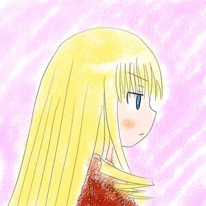 Rating: Safe Score: 0 Tags: 1girl blonde_hair blue_eyes halftone image looking_away profile purple_background shinku solo User: admin