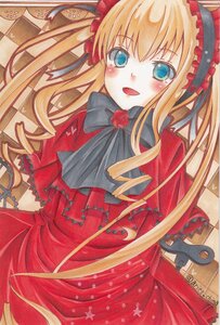 Rating: Safe Score: 0 Tags: 1girl blonde_hair blue_eyes blush bow capelet dress image long_hair marker_(medium) red_capelet red_dress shinku solo tongue traditional_media twintails User: admin