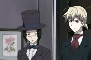 Rating: Safe Score: 0 Tags: 2boys black_hair bow bowtie formal glasses hat image laplace_no_ma multiple_boys pair screenshot top_hat User: admin