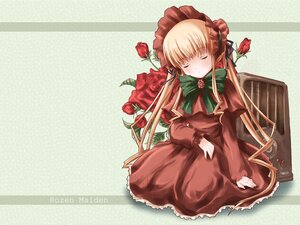 Rating: Safe Score: 0 Tags: 1girl blonde_hair bonnet bow bowtie checkered_background closed_eyes dress flower green_bow image long_hair long_sleeves red_dress red_flower rose shinku sidelocks sitting solo User: admin