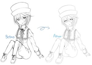 Rating: Safe Score: 0 Tags: 2boys blush boots frills greyscale hair_between_eyes hat image lineart monochrome multiple_boys ribbon shorts sitting solo souseiseki striped User: admin